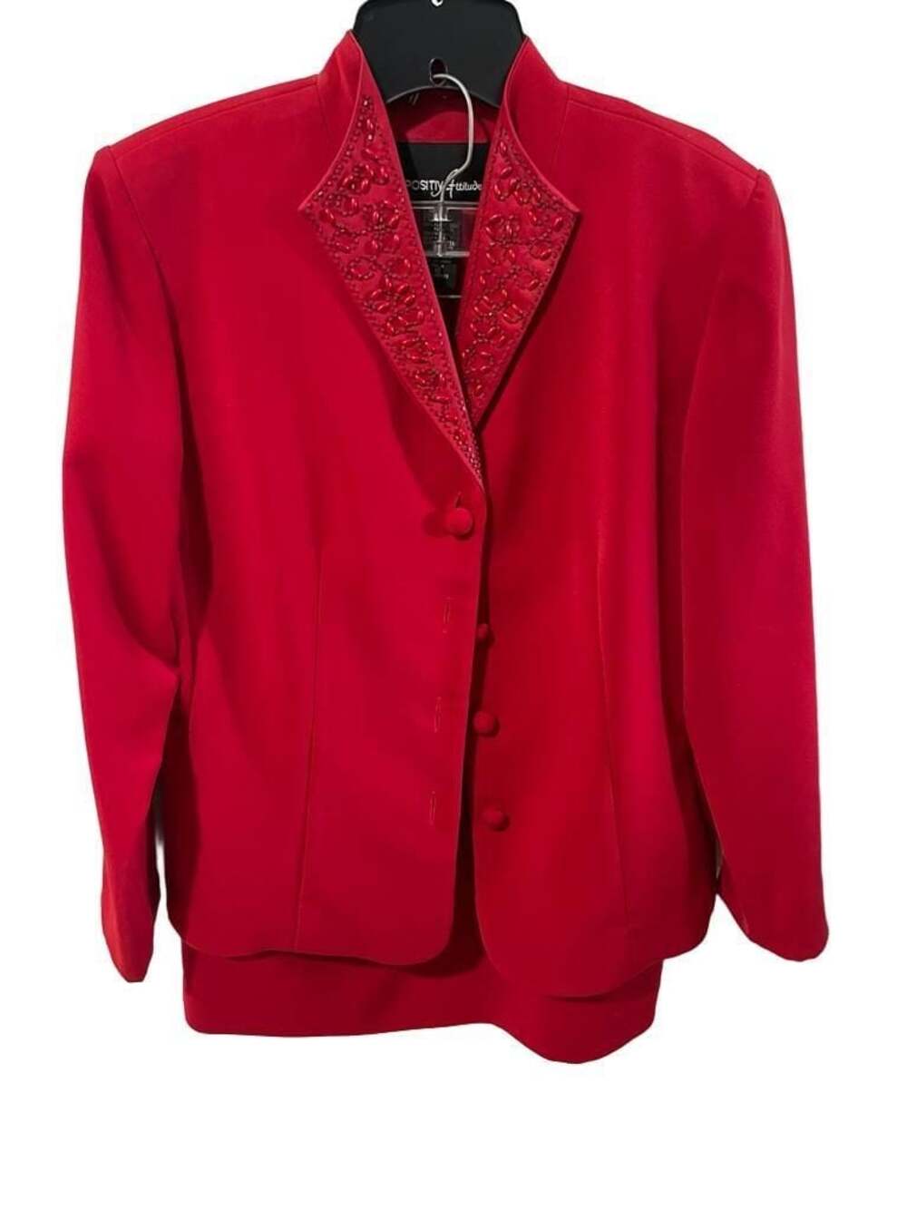 Positive Attitude Women's Red 2-Piece Beaded Blazer and Skirt Set Size 10 Petite